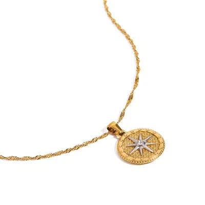Colar de bússola em aço inoxidável banhado a ouro