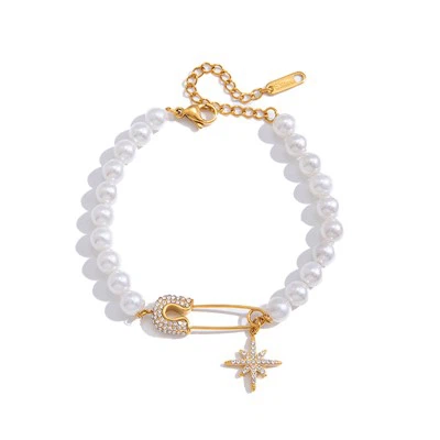 Pulseira de pérola com alfinete de segurança de zircão