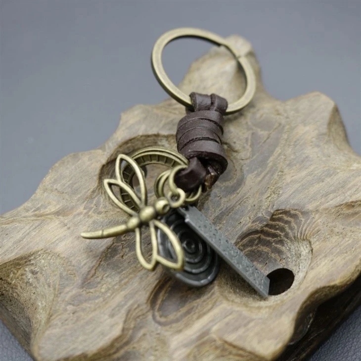 Vintage Dragonfly Keychain | Braided Leather Mens Accessory factory